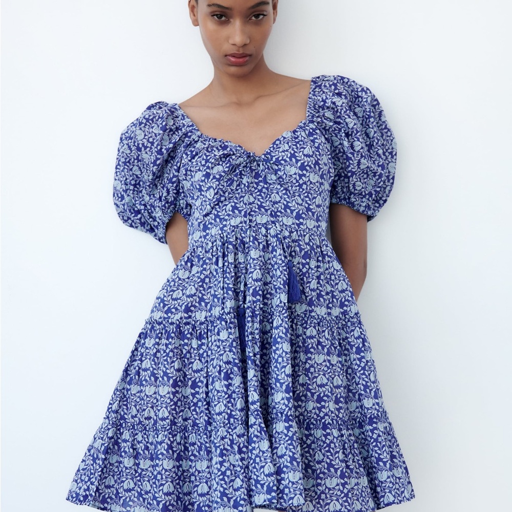 Zara Floral Printed Blue Puff Sleeve Mini Dress